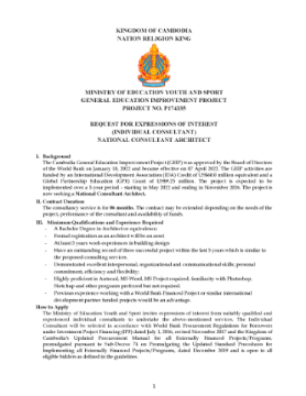 Project No. P174335 Request for Expressions of Interest (Individual Consultant) National Consultant Architect